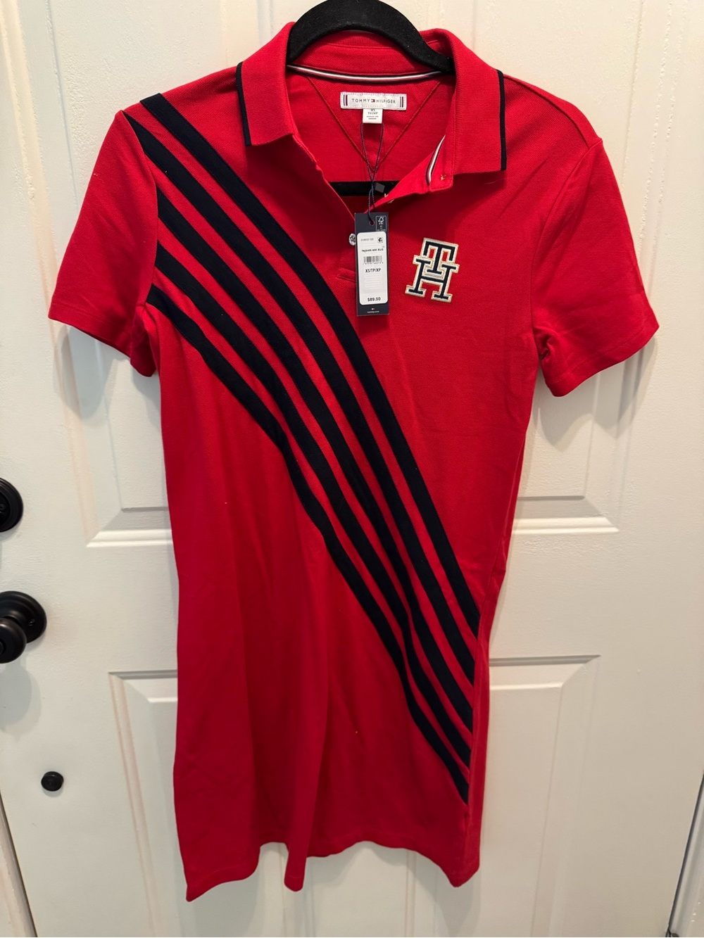 Tommy Hilfiger Red Polo Dress with Navy Diagonal Stripes and TH Patch